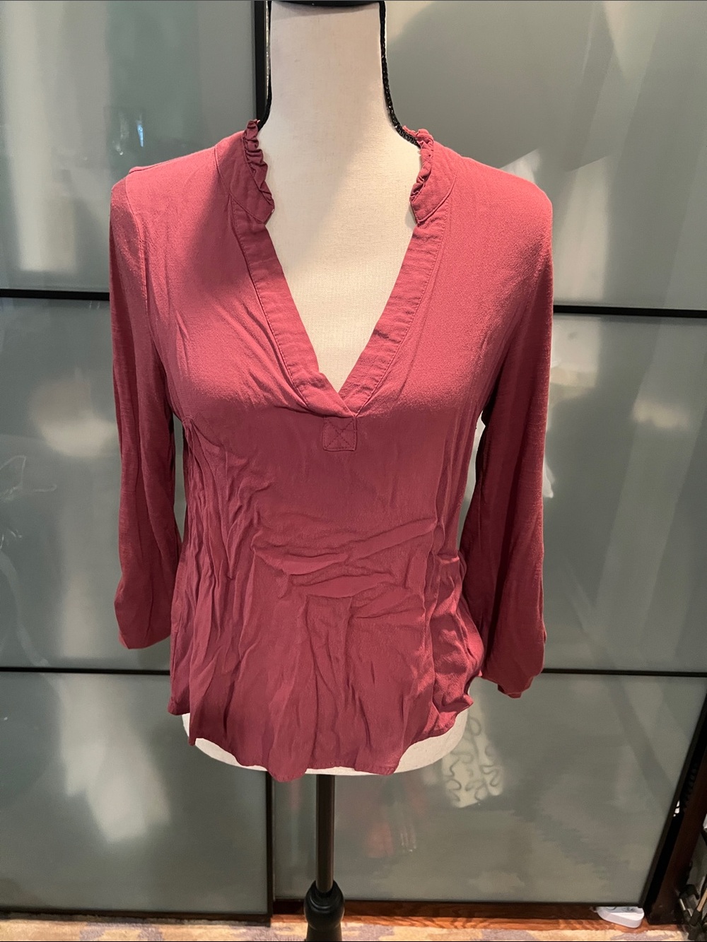 Anthropologie Rose-Pink V-Neck Ruffle Trim Blouse